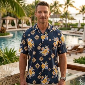 Tommy Bahama Button Up Shirt Mens XL Navy Blue Silk Floral Geometric Camp Shirt